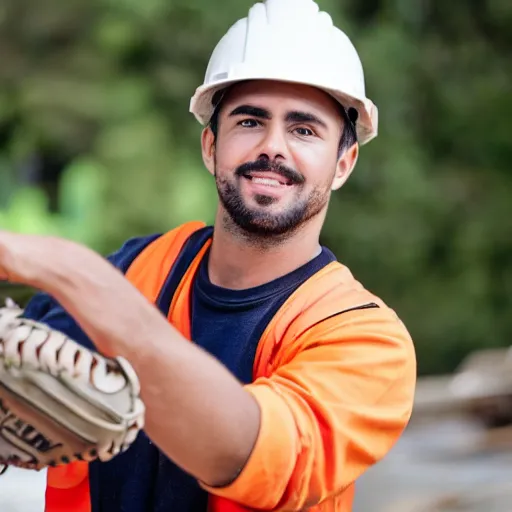 Prompt: a construction worker wearing a baseball hat