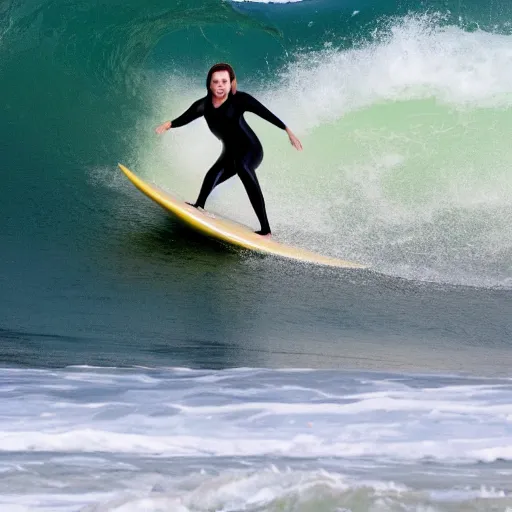 Prompt: photo of melissa mccarthy surfing a wave