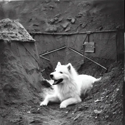 Prompt: a samoyed dog in a ww1 trench, grainy photo, the dog in wearing a helmet