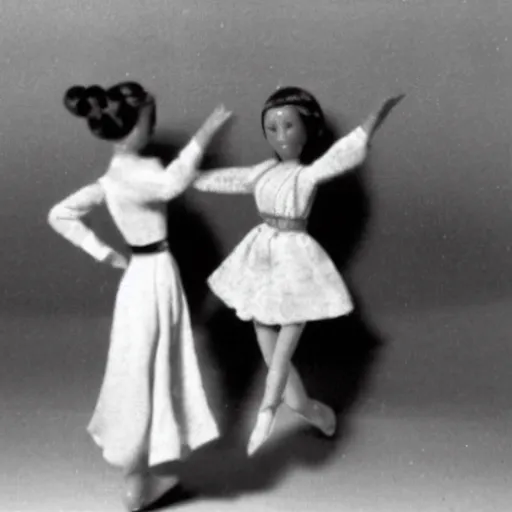 Image similar to A photograph of Else and Anna dancing as miniature dolls, movie still