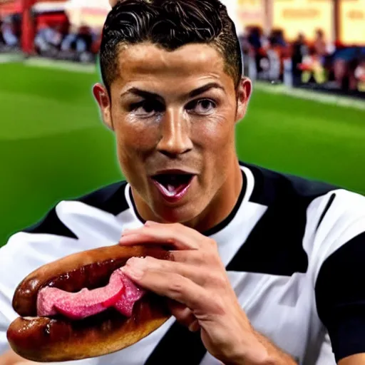 Prompt: Christiano Ronaldo with googly eyes eating a Bratwurst