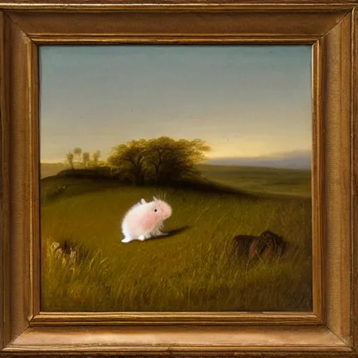 Prompt: oil painting by george stubbs of a hamster in a meadow at dawn