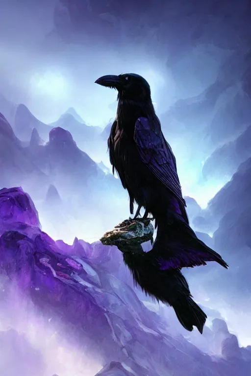 Image similar to portrait of a beautiful one raven perched on purple crystals that are glowing in a misty valley, establishing shot, extremly high detail, foto realistic, cinematic lighting, by yoshitaka amano, ruan jia, kentaro miura, artgerm, post processed, concept art, artstation, raphael lacoste, alex ross