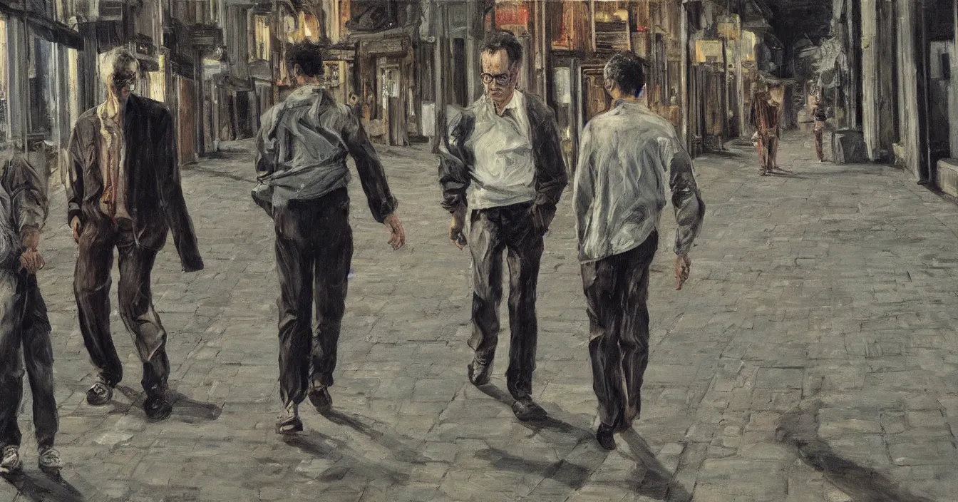 Image similar to high quality high detail painting of todd solondz walking with a friend in an empty tel aviv street, night, by lucian freud and gregory crewdson and francis bacon, hd, photorealistic lighting