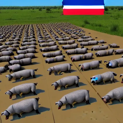 Prompt: 3 d virtual huge army of pigs with russian flags and military equipment as realistic and detailed as possible 4 k