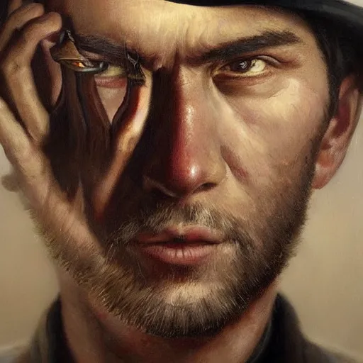 Prompt: modern oil portrait of old gunslinger jack, very very very very very beautiful art, masterpiece, realistic and detailed, artstation, backlight