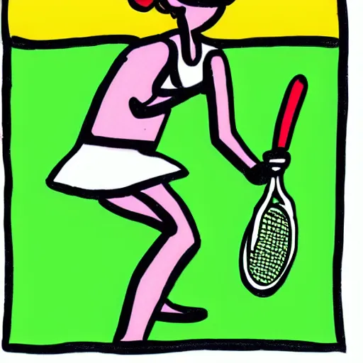 Image similar to stick figure drawing of blonde woman playing tennis