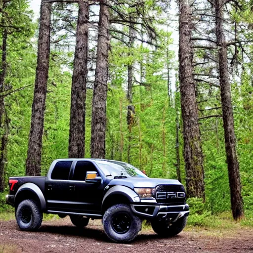 Prompt: black ford raptor parked in an alberta forest