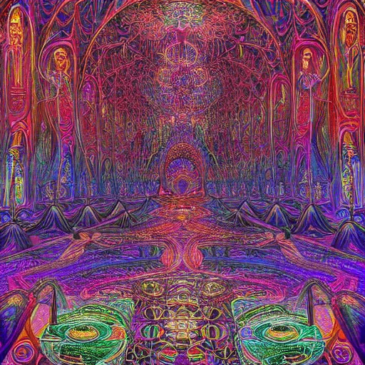 Prompt: beautiful and highly detailed painting of the inside of a dmt cathedral filled with intricate and perfect patterns surrounded by infinite rooms by moebius and alex grey