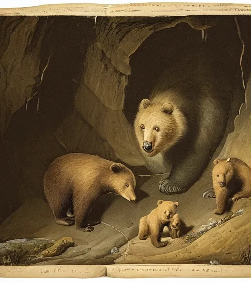 Prompt: a mother bear and her cubs sleeping in a dark cave POV from outside at night, artwork by Pieter Claesz