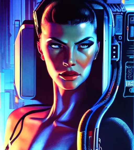 Image similar to cable plugged in, side of head, very very beautiful woman, cyberdeck computer terminal, street level night city, 1 9 7 9 omni magazine cover, style by vincent di fate, artgerm, cyberpunk 2 0 7 7, very coherent, detailed, 4 k resolution, unreal engine, daz