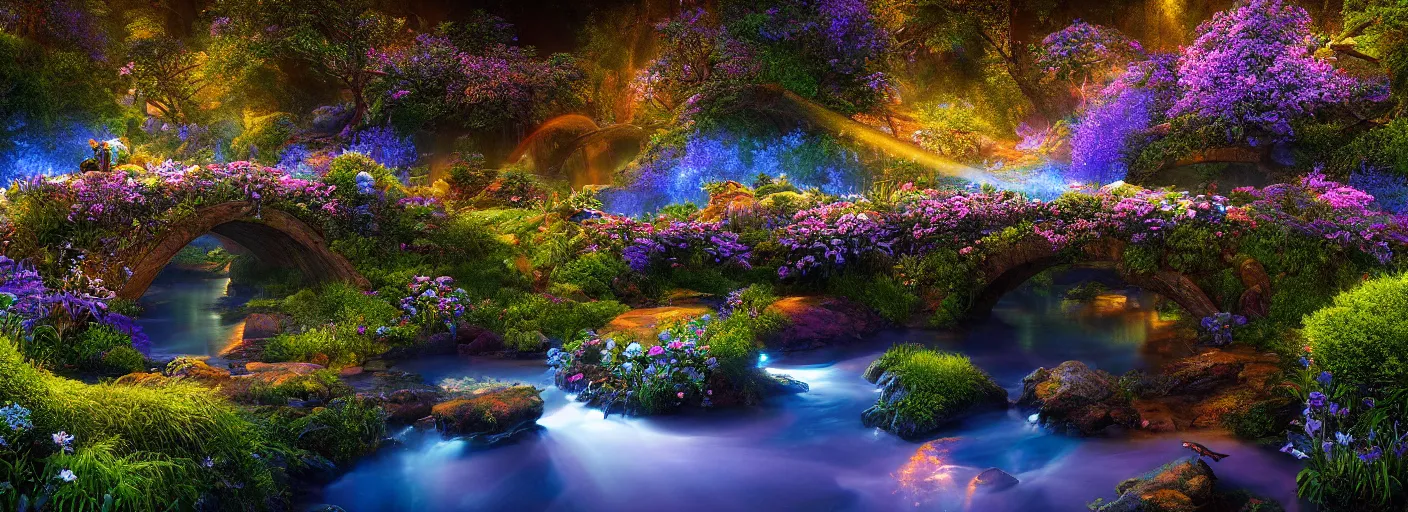 Image similar to photograph of enchanted garden, blue river in the middle, glowing bridge, with rays of light, flowers with intricate detail, by marc adamus, highly detailed, intricate detail, cinematic lighting