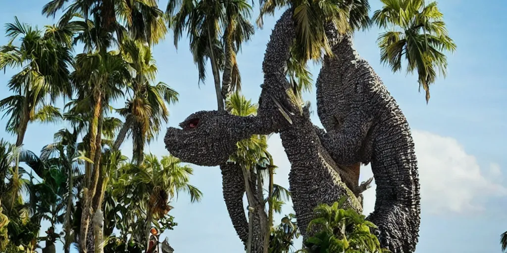 Image similar to photo of a very long neck godzilla nibbling on palm trees, silly, funny, weird and odd