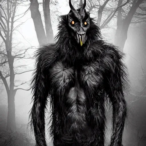 Image similar to werecreature consisting of a crow and a human, featured on artstation, photograph captured in a dark forest