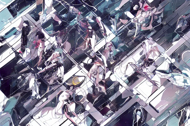 Prompt: a cyberpunk anime illustration of a group of female androids' body parts lying scattered over an abstract, empty, white floor, by masamune shirow, hajime sorayama and katsuhiro otomo, view from above, minimalist