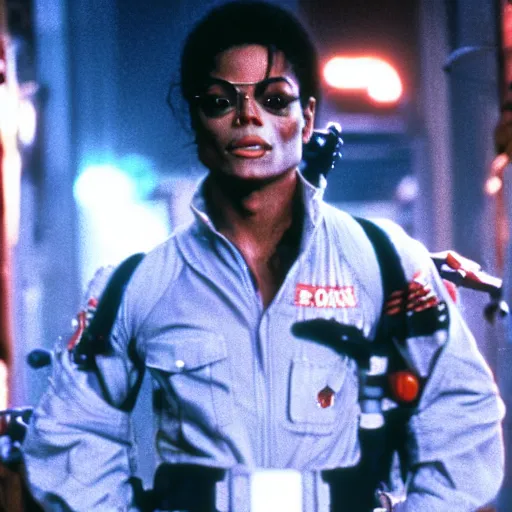 Prompt: stunning awe inspiring michael jackson playing a ghostbuster in the movie ghostbusters, movie still 8 k hdr atmospheric lighting