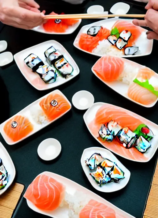 Image similar to clear photograph of cute cats eating sushi from sushi plates