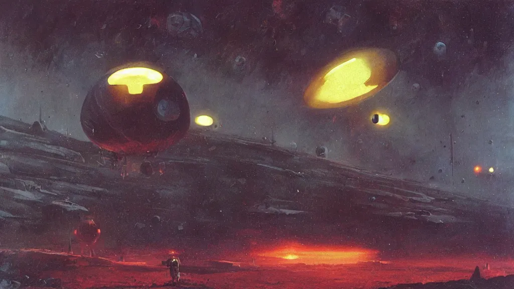 Image similar to eerie atmospheric alien planet with a small dropship pod landing by paul lehr and jack gaughan and john schoenherr, epic cinematic matte painting