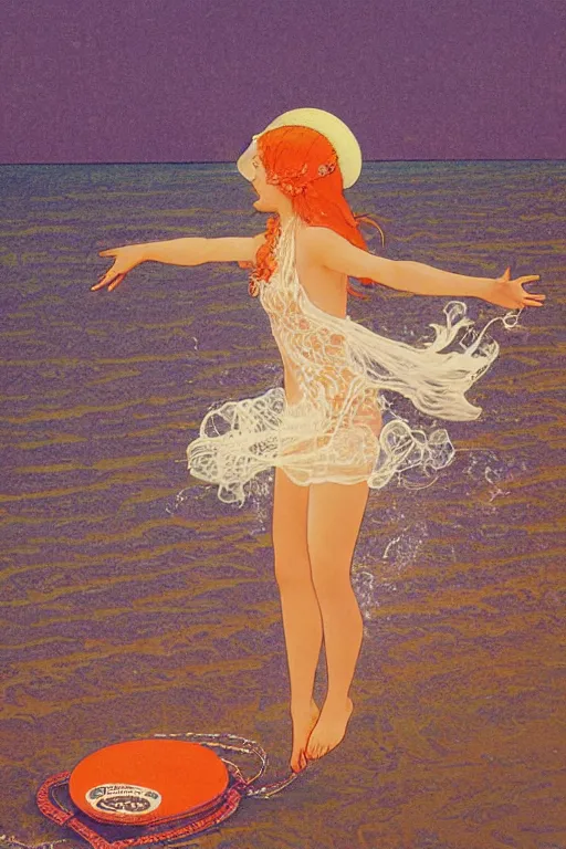 Image similar to A girl in a white lacy bikini and white sun hat and Holding a heart-shaped lifebuoy, jumping for joy,long orange hair floating on air ,Waves and splashes,beach ,Smooth visual lines,graphic Design by mucha