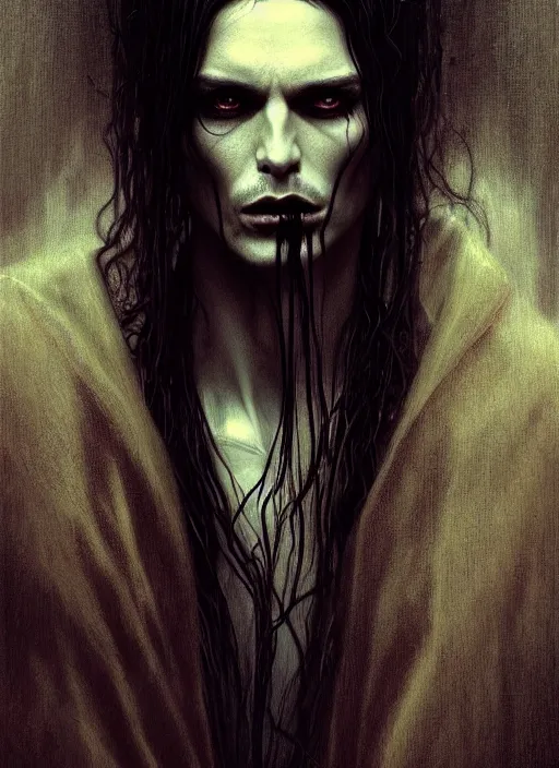 Prompt: portrait of a ancient immortal vampire elegant man with long tangles of black hair, beautiful piercing eyes, gothic fog ambience, hyper realistic head, fantasy art, in the style of greg rutkowski, zdizslaw beksinski, intricate, alphonse mucha, hyper detailed, smooth