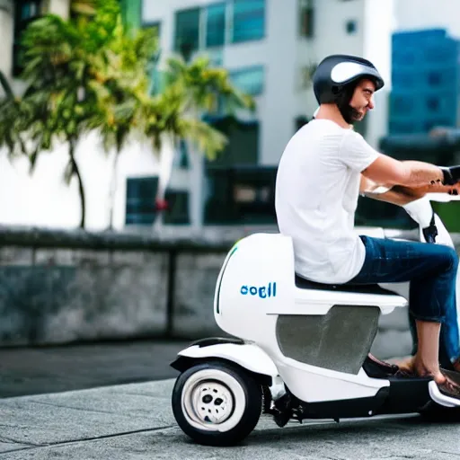 Image similar to Seagull perched on the head of a man riding an electric scooter