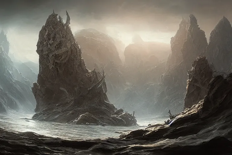 Image similar to Scylla and Charybdis, by Jessica Rossier and HR Giger cinematic concept painting