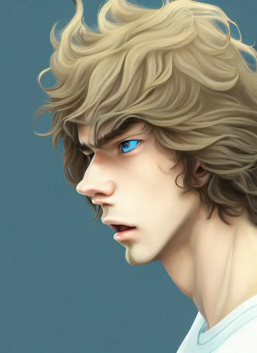 Prompt: young man with medium - length, curly, golden hair, perfectly proportioned face, aquamarine eyes, cry, natural lighting, path traced, highly detailed, high quality, cartoon, digital painting, by new haicheng and studio ghibli