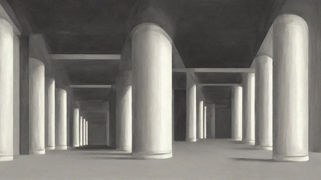 Image similar to minimalist industrial interior hallway with monolithic pillars in the style of ridley scott and stanley kubrick, realistic detailed painting by edward hopper