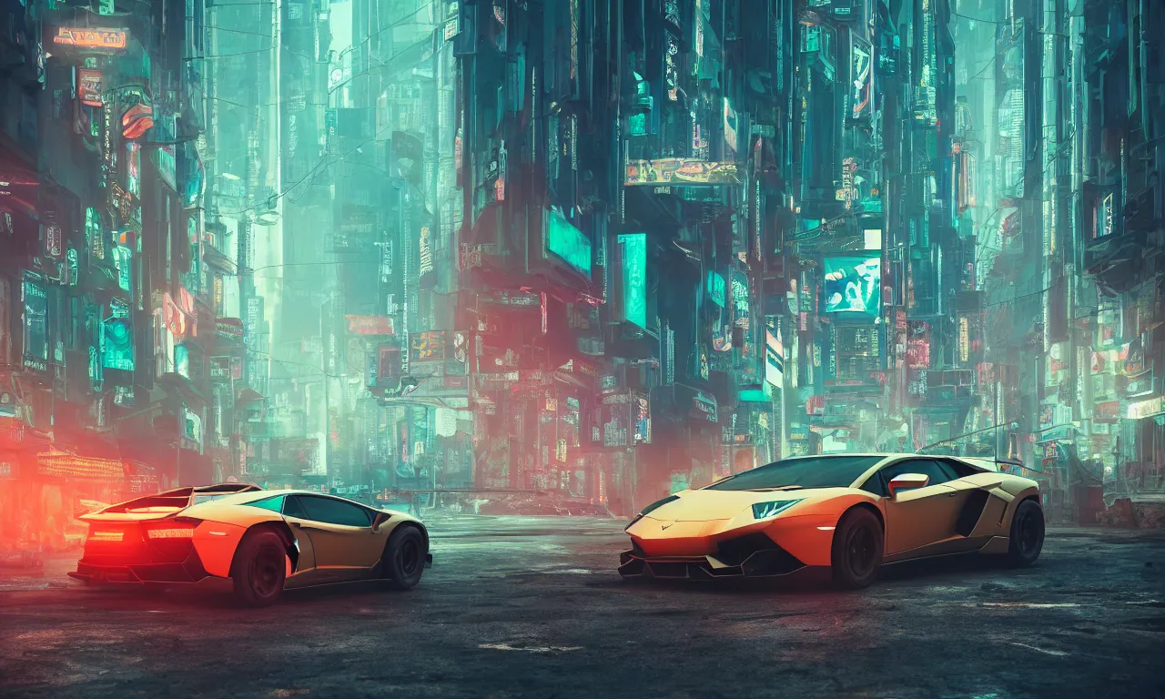 Image similar to insanely moody cinematic render of a lamborghini on cyberpunk city, teal and orange colors, vaporwave, photorealism, cinema still, photography, octane 3 d, vray render, insane details, 8 k high definition, artstation