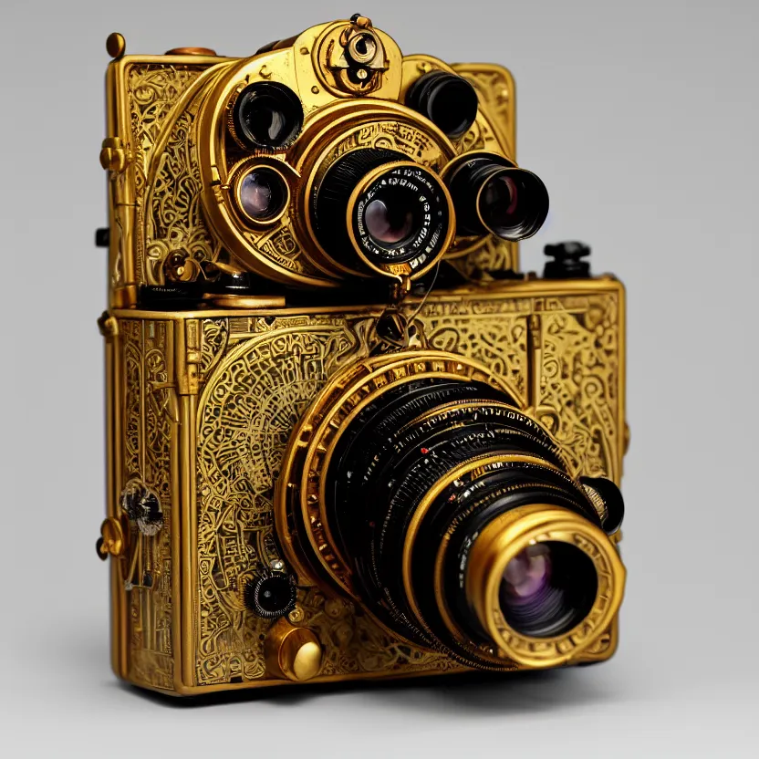 Prompt: photograph of a very beautiful steampunk medium format camera!. plain grey background. centered. highly detailed. gold. small lens. artstation, concept art, symmetry, smooth, sharp focus, art by john singer sargent and and mucha by theodore ralli and nasreddine dinet and anders zorn and nikolay makovsky and edwin long