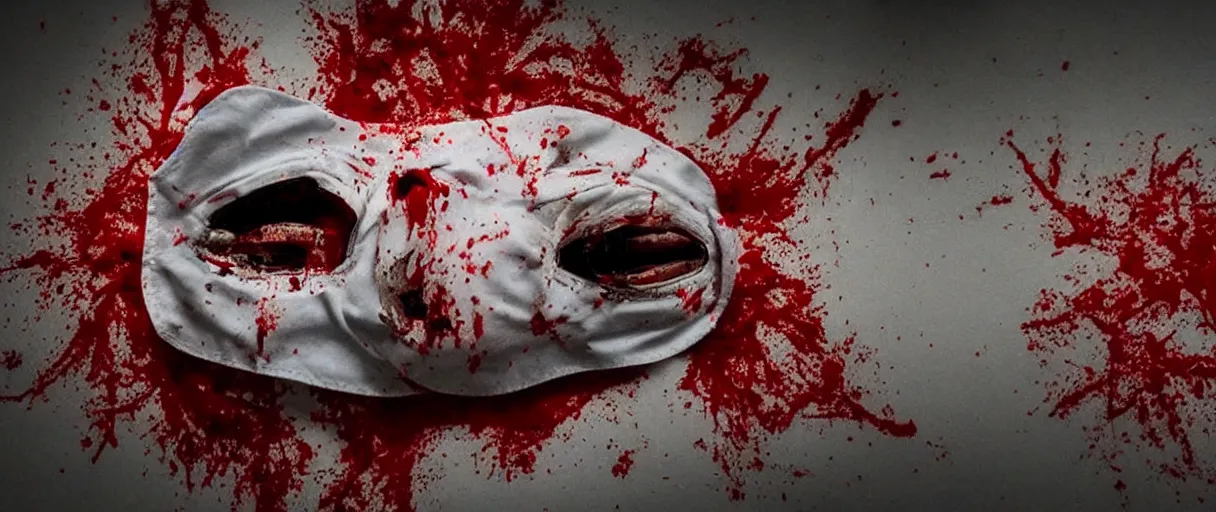 Image similar to filmic dutch angle movie still 4k UHD 35mm film color photograph of a freshly severed head with a pained expression, wearing a surgical mask , head is sideways on the floor soaked in blood, in the style of an extreme grotesque splatter horror movie