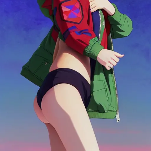 Image similar to beautiful boyish natalie portman gravure model in majora's mask, wearing big mayan bomber jacket with overalls and leotard, big bomber jacket with subtle mayan patterns, aztec bathing suit, gapmoe yandere grimdark, trending on pixiv fanbox, painted by greg rutkowski makoto shinkai takashi takeuchi studio ghibli, akihiko yoshida