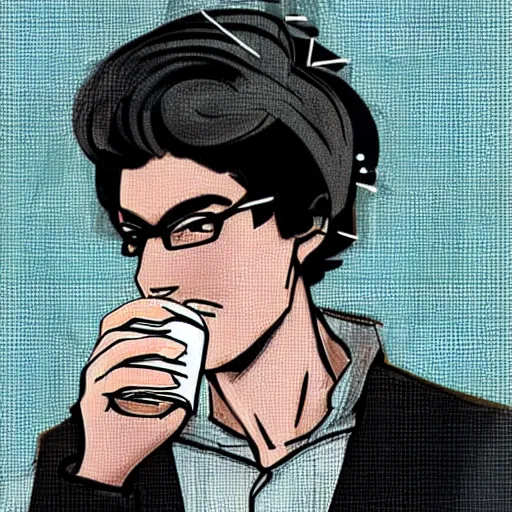 Prompt: handsome startup CEO having a cup of coffee. sci-fi cyberpunk!!!!!!!! concept art