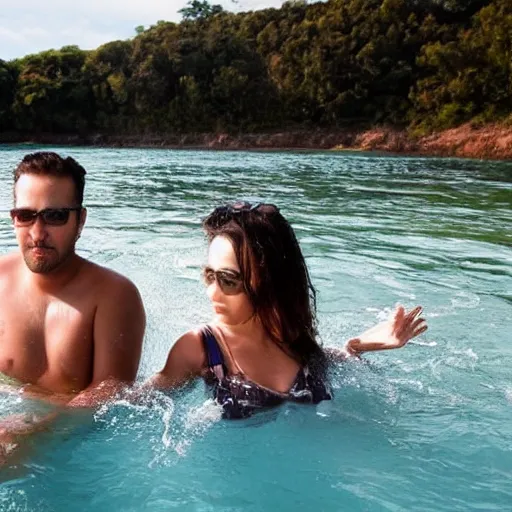 Image similar to photo of a 4 0 year old man that looks young for his age dating a very attractive legal 2 2 year old colombian woman wearing a bikini. they are swimming.