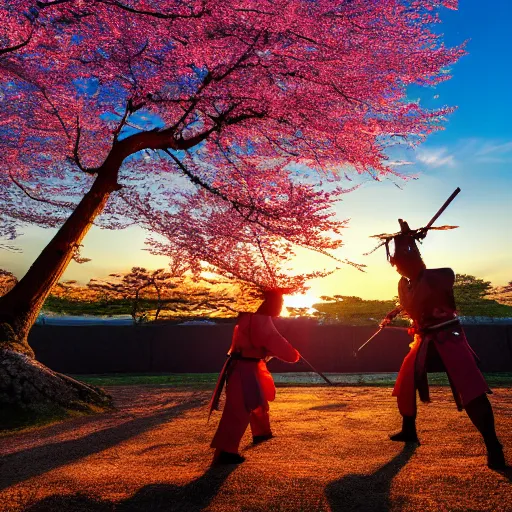 Image similar to samurai duel, both samurai have katana drawn, in a fighting pose, sunset in the background, cherry trees blossoming and Japanese maple trees, autumn, high quality, 4k