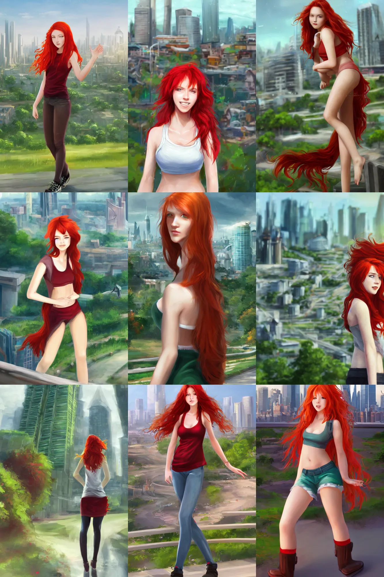 Image similar to beautiful cute red haired joyful and playful nineteen year old maiden standing up in casual green clothing with a modern city in the background, long hair, cute pose, athletic body, rpg character, sci - fi, fantasy, intricate, elegant, digital painting, artstation, concept art, smooth, 8 k frostbite 3 engine, ultra detailed