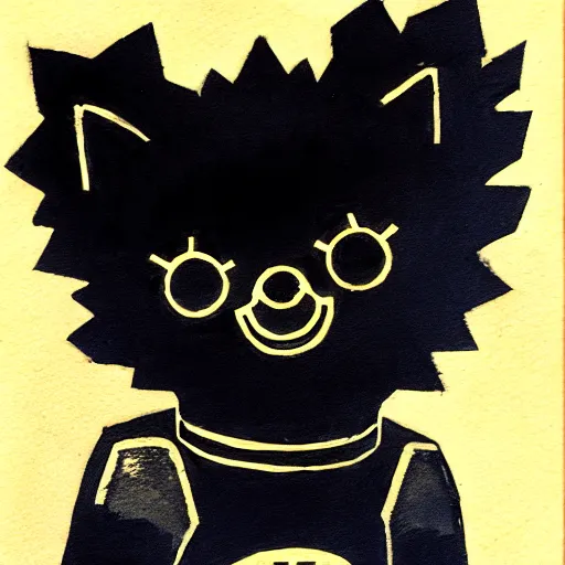 Image similar to a cute black robot pomeranian!!!. ( ( ( alcohol ink on parchment, muted colors, shading!!!, detailed, textured parchment background, 1 9 5 0 s concept art ) ) )