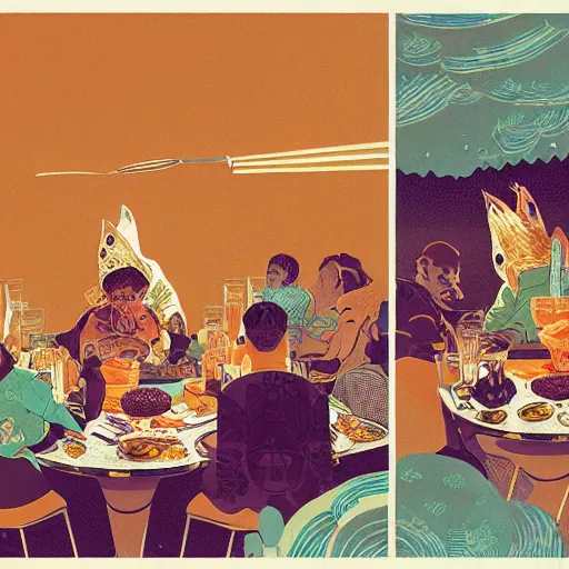 Image similar to illustration of the best meal, by Victo Ngai and James Gilleard and Bruce Pennington