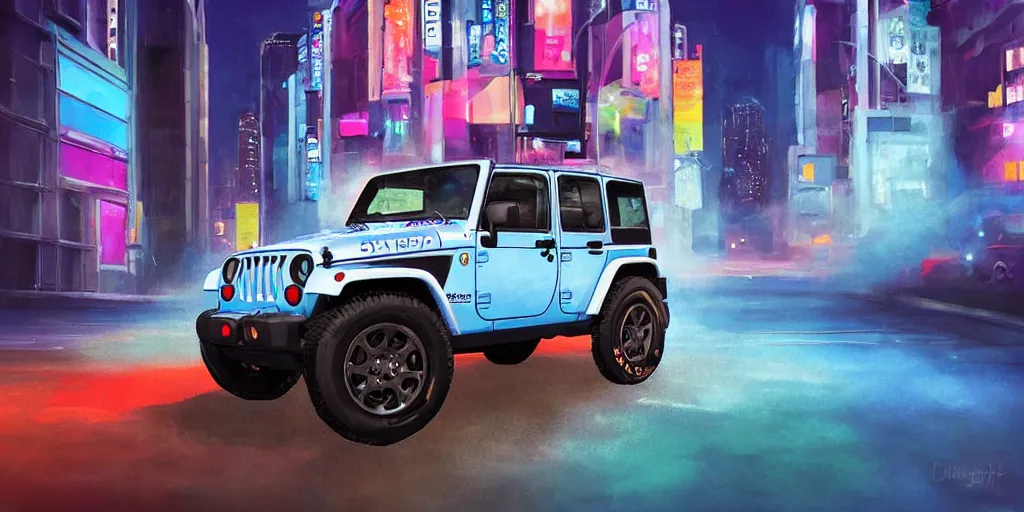 Image similar to lonely itasha 1997 hardtop Jeep Wrangler off road, digital painting, beautiful iridescent fog swallows urban Shibuya, planets can be seen in the sky above, beautiful, neon night, cinematic, extraordinary, colorful, photorealistic, ultra realistic, lights and shadows, beautiful reflections, smooth