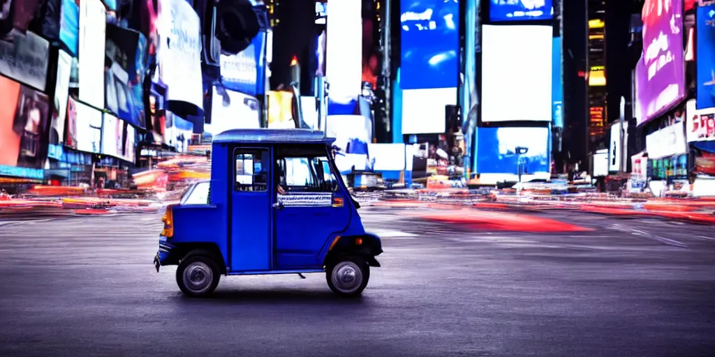 Prompt: a blue and white tuk tuk in Times Square at night, hazy, cloudy, diffused lighting, concept art, dark purple tones, shallow depth of field4k