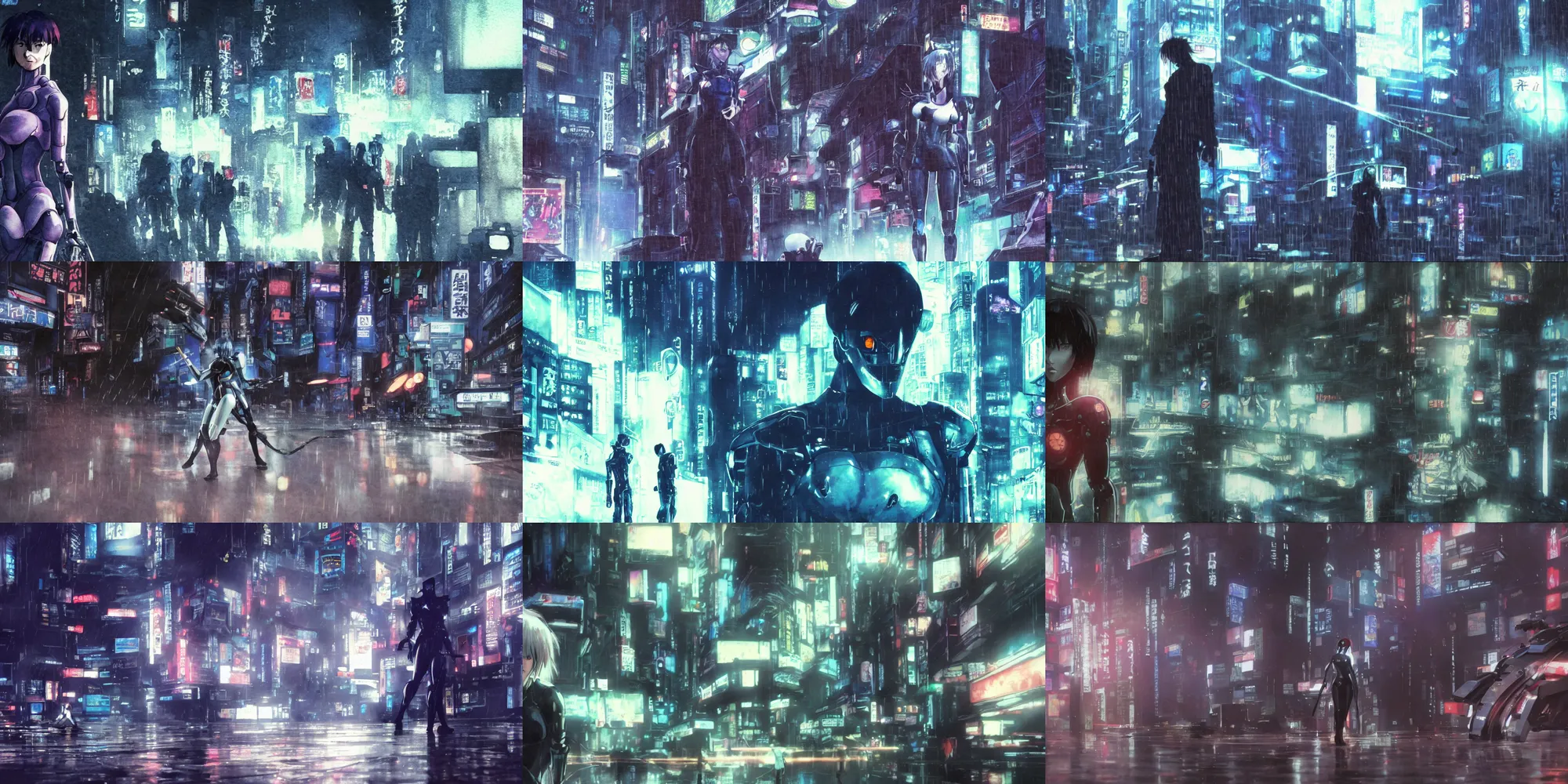 Prompt: incredible screenshot, simple watercolor, masamune shirow ghost in the shell movie scene close up, robot androids playing guitars in heavy rock band, gun fire behind them, light rain, shinjuku, reflections, refraction, bounce light, rim light, bokeh ,hd, 4k, remaster, dynamic camera angle, deep 3 point perspective, fish eye, dynamic scene