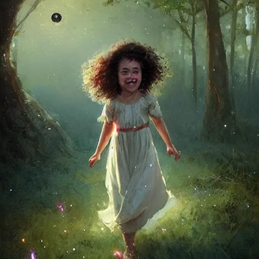 Prompt: A little girl with curly brown hair with a happy expression wearing a summer dress dancing with fireflies, fantasy art by Greg Rutkowski