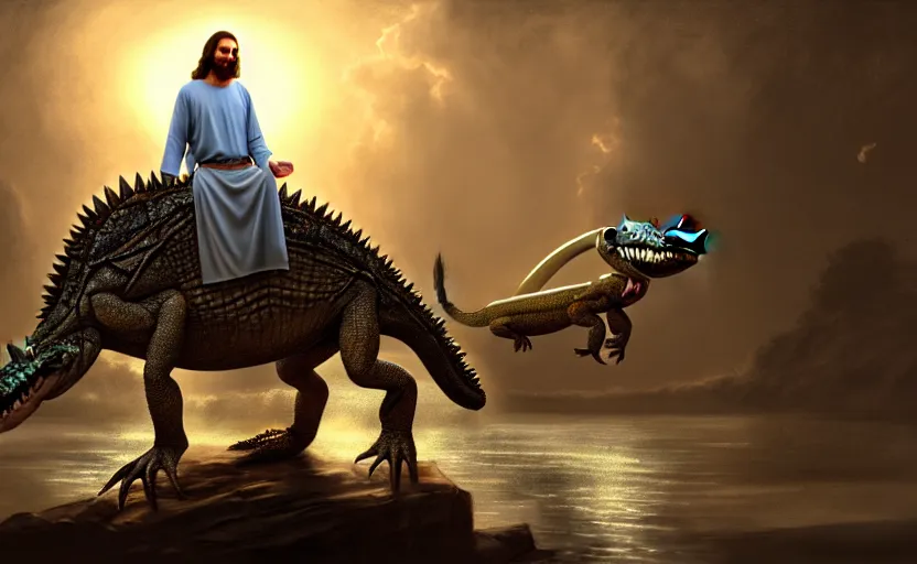 Prompt: jesus rides an aligator, cinematic, fantasy, hyper detailed, digital painting, 4 k realistic, trending on artstation, sharp focus, john banovich, photographer art wolfe, light source on left