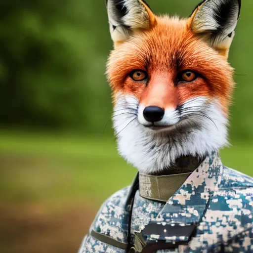 Image similar to Closeup of Fox dressed in a modern American soldier uniform, 85mm f/1.4