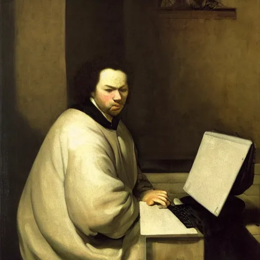 Image similar to Renaissance oil portrait of a man playing warzone on a computer, high-quality realistic oil painting with detailed strokes, robed Renaissance scholar, painting by goya,