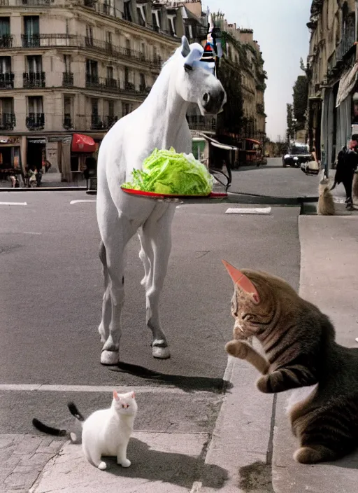 Image similar to a unicorn in paris, a cat and a piece of cabbage are bursting out of its horn, lsd, canon 5 d 5 0 mm lens kodachrome