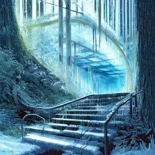 Image similar to stairs leading to a frozen derelict portal in a middle of a snowy lush futuristic forest, green lush world seen only through a portal, daylight, cinematic lighting, blue sky, syd mead, john harris