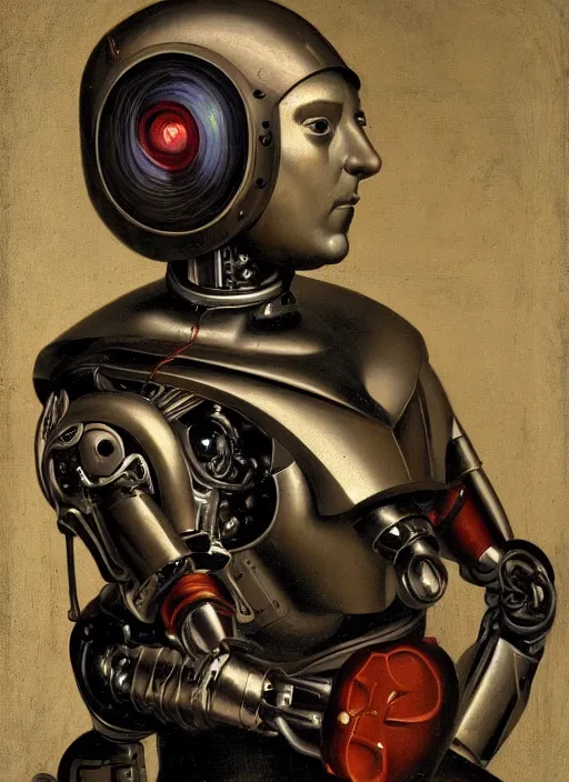 Image similar to a portrait of a robot cyborg by Petrus Christus, renaissance style