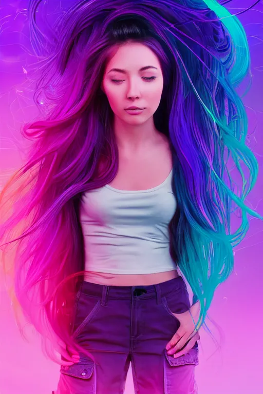 Image similar to a award winning half body portrait of a beautiful woman in a croptop and cargo pants with ombre purple pink teal hairstyle with head in motion and hair flying, surrounded by whirling illuminated lines, outrun, vaporware, shaded flat illustration, digital art, trending on artstation, highly detailed, fine detail, intricate