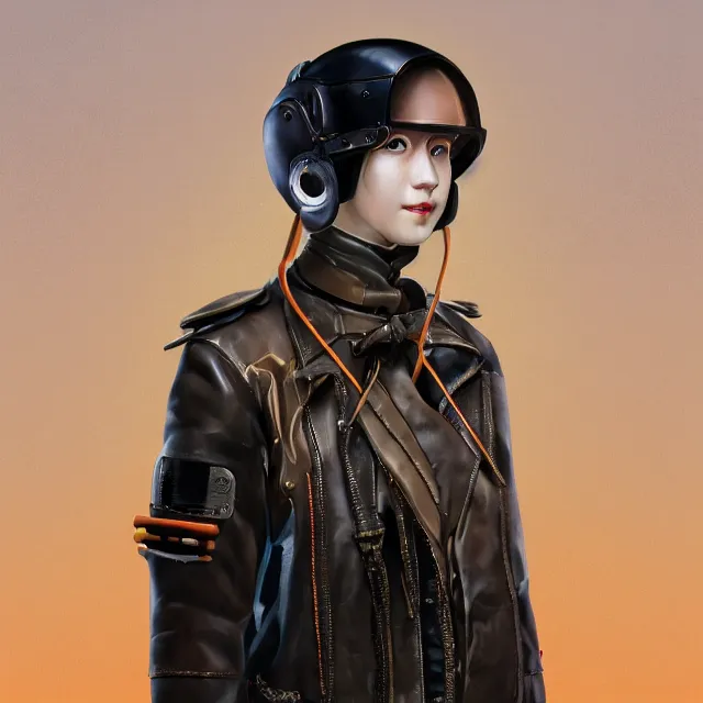 Image similar to highly detailed portrait of androgynous girl wearing bakelite leather jacket, bakelite rocky mountains, japanese haunted forest, by hsiao - ron cheng and artgerm, modular synthesizer helmet backpack, the grand budapest hotel, glow, no crop, digital art, artstation, pop art